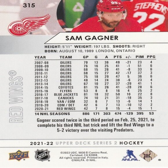 Sam Gagner - 2021/2022 Upper Deck Series 2 Hockey Card - Picture 2 of 2
